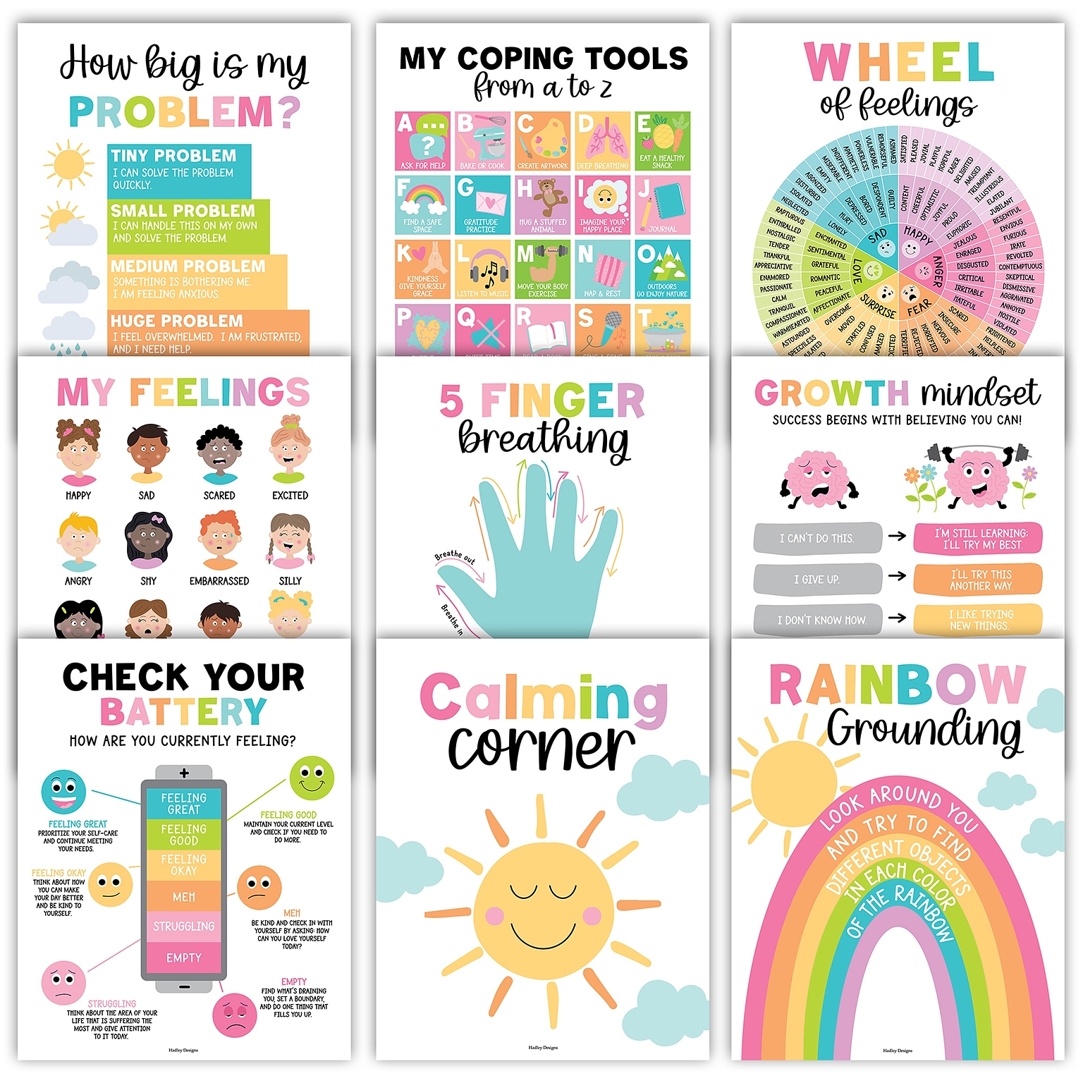 Hadley Designs 11 x 14 Colorful Calming Corner and Feelings Chart Posters, 9/Set (HDDX004ACWTG3)