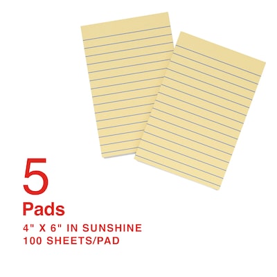 Staples Recycled Sticky Notes, 4" x 6", Sunshine Collection, Lined, 100 Sheets/Pad, 5 Pads/Pack (S46YR/552572)