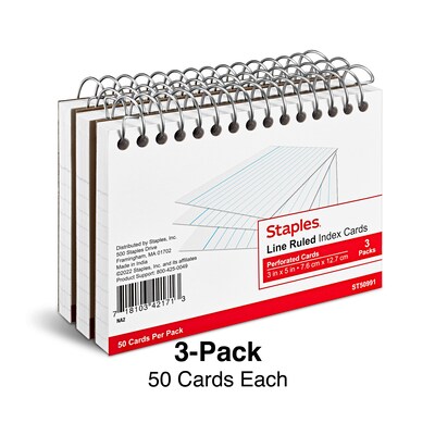 Staples 3" x 5" Index Cards, Lined, White, 50 Cards/Pack, 3 Pack/Carton (TR50991)