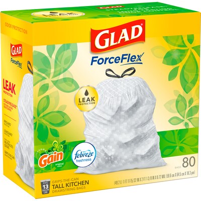 Glad OdorShield 13 Gallon Kitchen Trash Bag, 24" x 27.36", Low Density, 0.78 mil, Gain Original, White, 80 Bags/Box (78900)