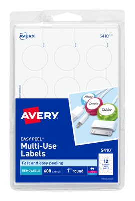 Avery Easy Peel Laser/Inkjet Multipurpose Labels, 1 Dia., White, 12 Labels/Sheet, 50 Sheets/Pack (5
