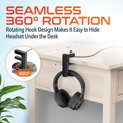 Delton HS7 Headset Stand with Under-Desk Holder and 3 USB-A Ports, Black (DHS3USB)