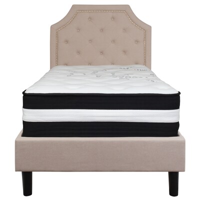 Flash Furniture Brighton Tufted Upholstered Platform Bed in Beige Fabric with Pocket Spring Mattress, Twin (SLBM1)