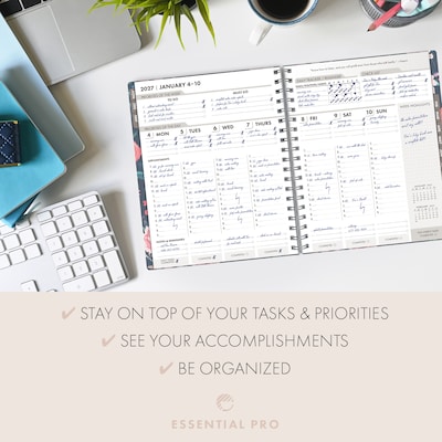 2027 Excello Brands 7" x 9" Weekly & Monthly Standard Planner, Plastic Cover, Small Navy Floral (ESPRO-CY27-79-84)