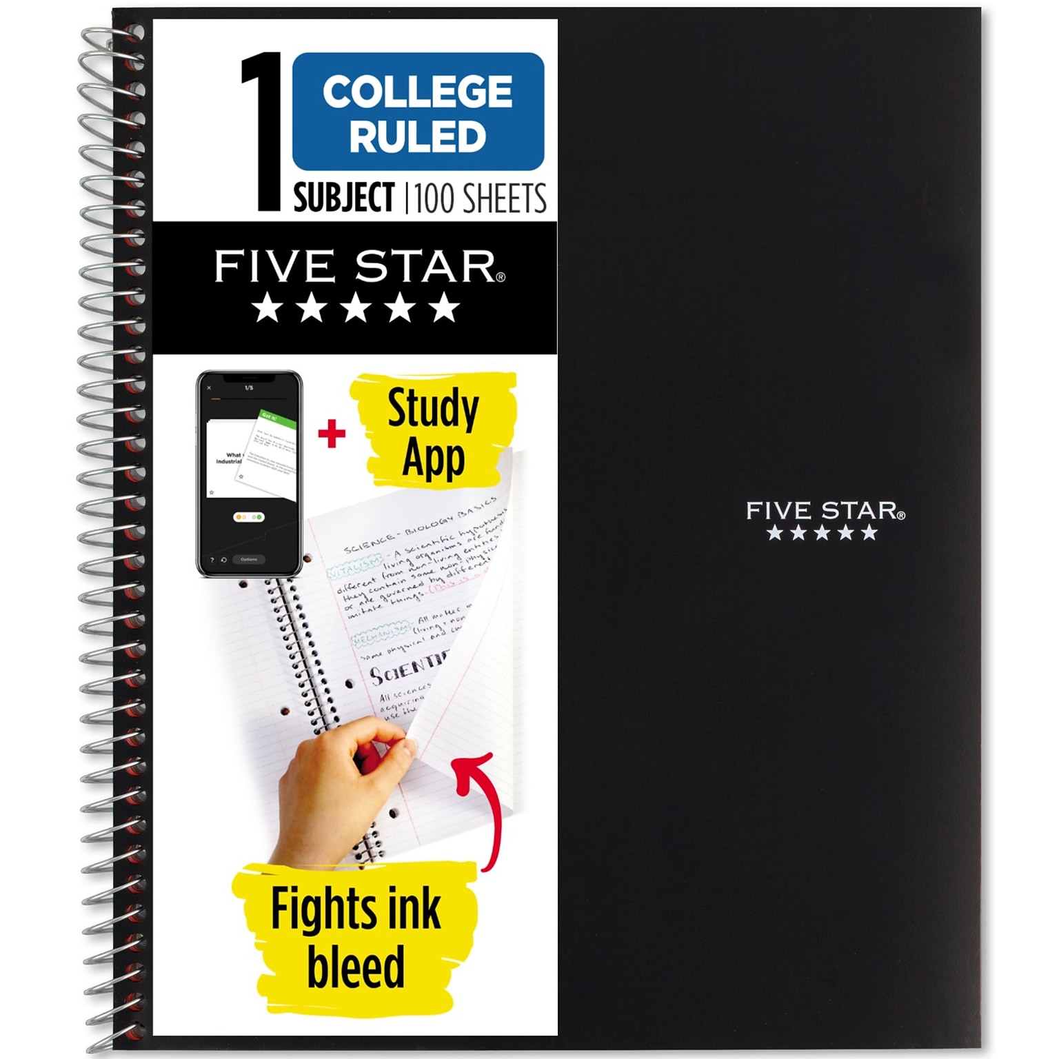 Five Star 1-Subject Notebook, 8.5 x 11, College Ruled, 100 Sheets, Black (72057)