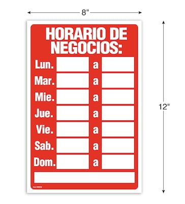 Cosco Horario de Negocio Sign, Red/White Plastic, 8 x 12 (098253)