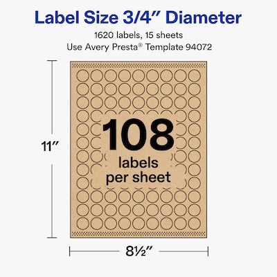 Avery Round Laser/Inkjet Multipurpose Labels, Kraft Brown, 108 Labels/Sheet, 15 Sheets/Pack (19479311155)