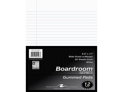 Roaring Spring Paper Products Boardroom Series Notepad, 8.5" x 11", Wide-Ruled, White, 50 Sheets/Pad, 72 Pads/Carton