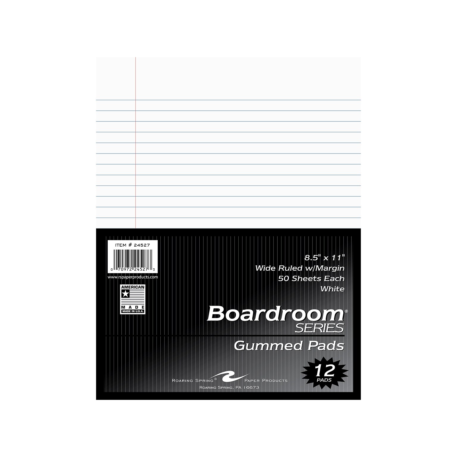 Roaring Spring Paper Products Boardroom Series Notepad, 8.5 x 11, Wide Ruled, White, 50 Sheets/Pad, 72 Pads/Carton