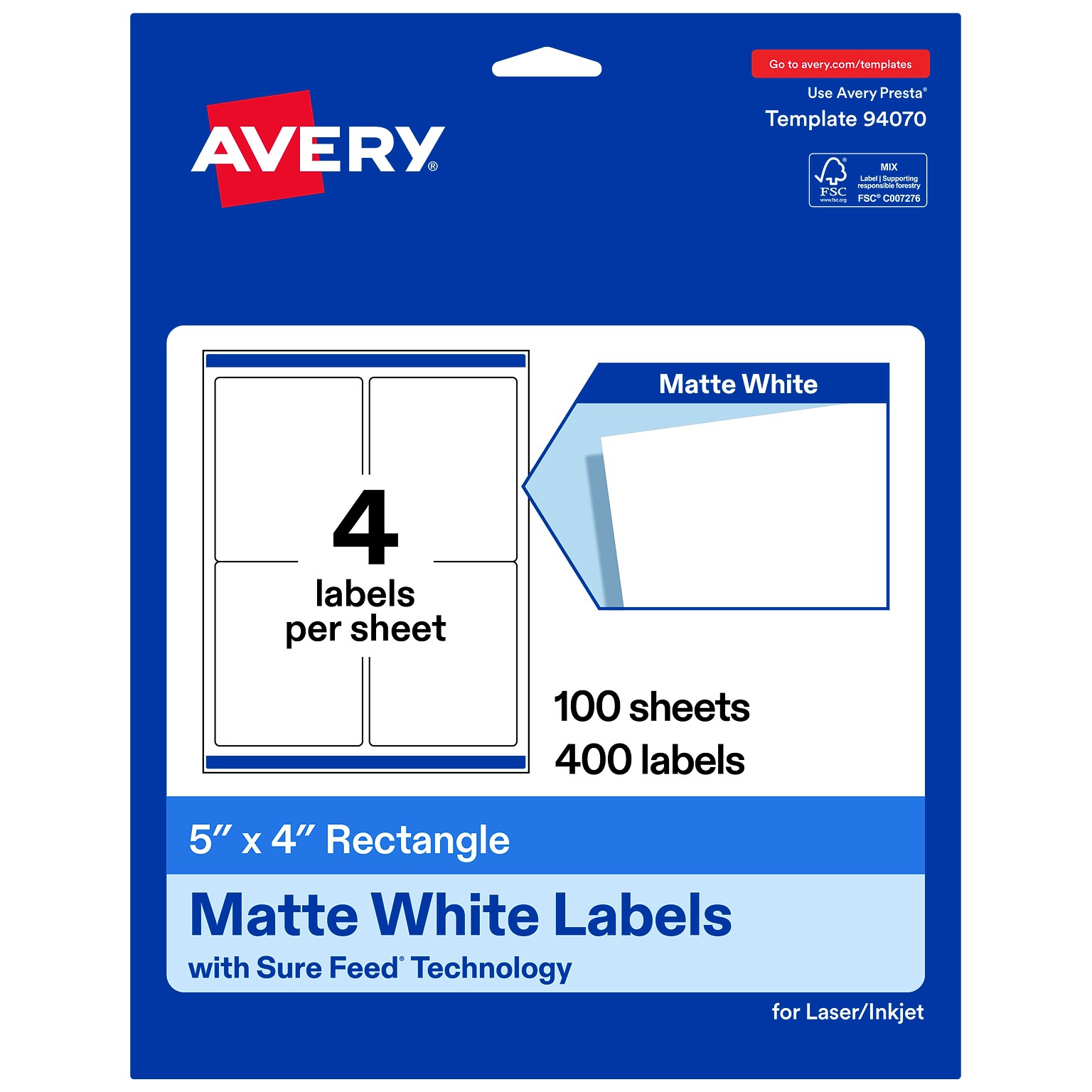 Avery Rectangle Laser/Inkjet Multipurpose Labels, White, 4 Labels/Sheet, 100 Sheets/Pack (19479311265)