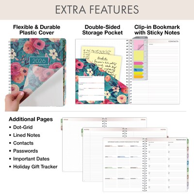 2026 Global Printed Products Essential Pro 8.5" x 11" Weekly & Monthly Planner, Paperboard Cover, Teal Floral (ESPROCY26851117)