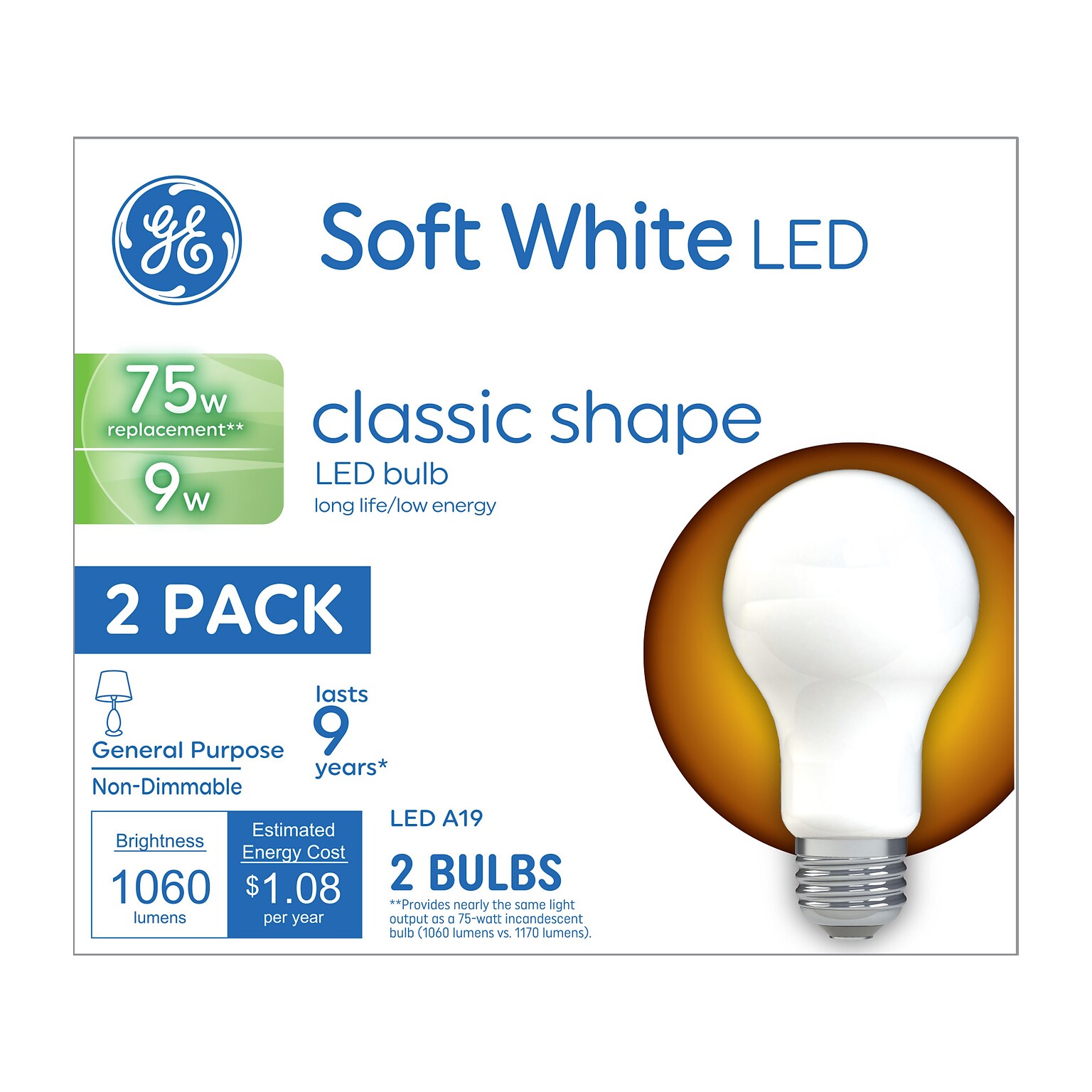 GE 9 Watt Soft White LED Bulb, 2/Pack (93109032)