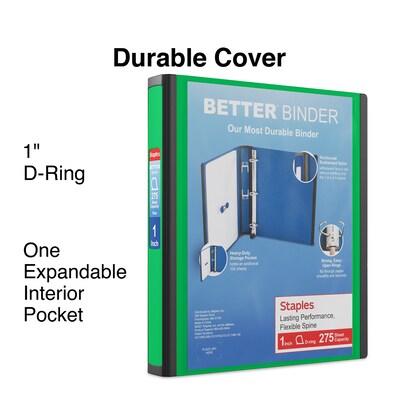 Staples® Better 1" 3 Ring View Binder with D-Rings, Green (19063)