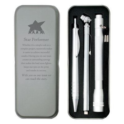 Baudville® Silver Tire Gauge Flashlight and Pen Gift Set, Star Performer Tin