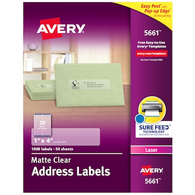 Avery Easy Peel Laser Address Labels, 1 x 4, Clear, 20 Labels/Sheet, 50 Sheets/Box (5661)