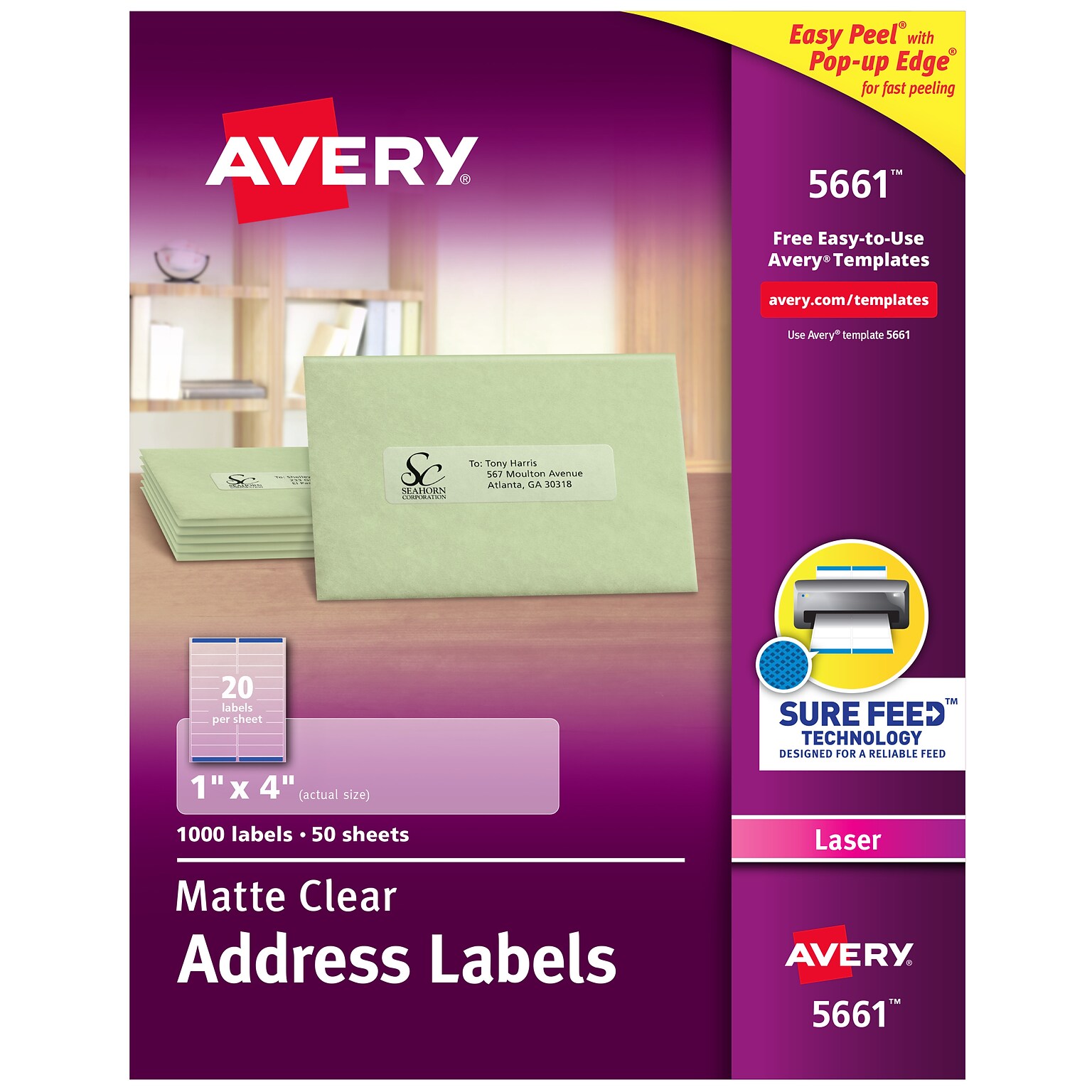 Avery Easy Peel Laser Address Labels, 1 x 4, Clear, 1,000 Labels/Box (5661)