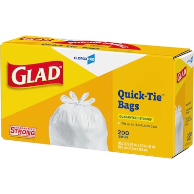 Glad Quick Tie Tall 13 Gallon Flap Tie Kitchen Trash Bag, White, 200 Total Bags (15931)