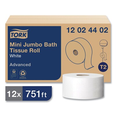 Tork Advanced Mini Jumbo Roll Bath Tissue, Septic Safe, 2-Ply, White, 3.48" x 751 ft, 12 Rolls/Carton (TRK12024402)