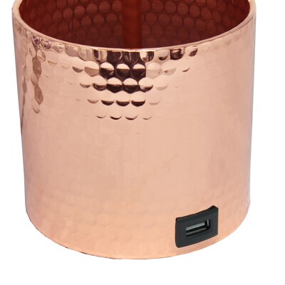 Simple Designs Hammered Metal Organizer Table Lamp with USB charging port and Fabric Shade, Rose Gold (LT1085-RGD)