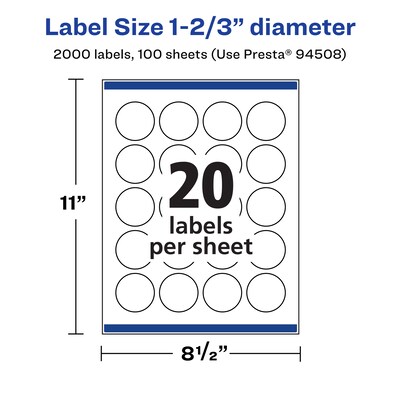 Avery Laser/Inkjet Circle  Waterproof Multipurpose Labels, 1.67"  Dia., White, 2000/Box (94508)