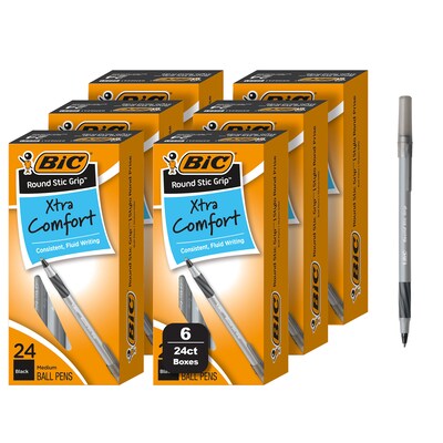 BIC Round Stic Grip Xtra Comfort Ballpoint Pen, Medium Point, 1.0mm, Black Ink, 24/Box, 6 Boxes/Pack (GSMG144E-BLK)