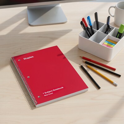 Staples 1-Subject Notebooks, 8" x 10.5", Wide Ruled, 70 Sheets, Red (ST24007C)
