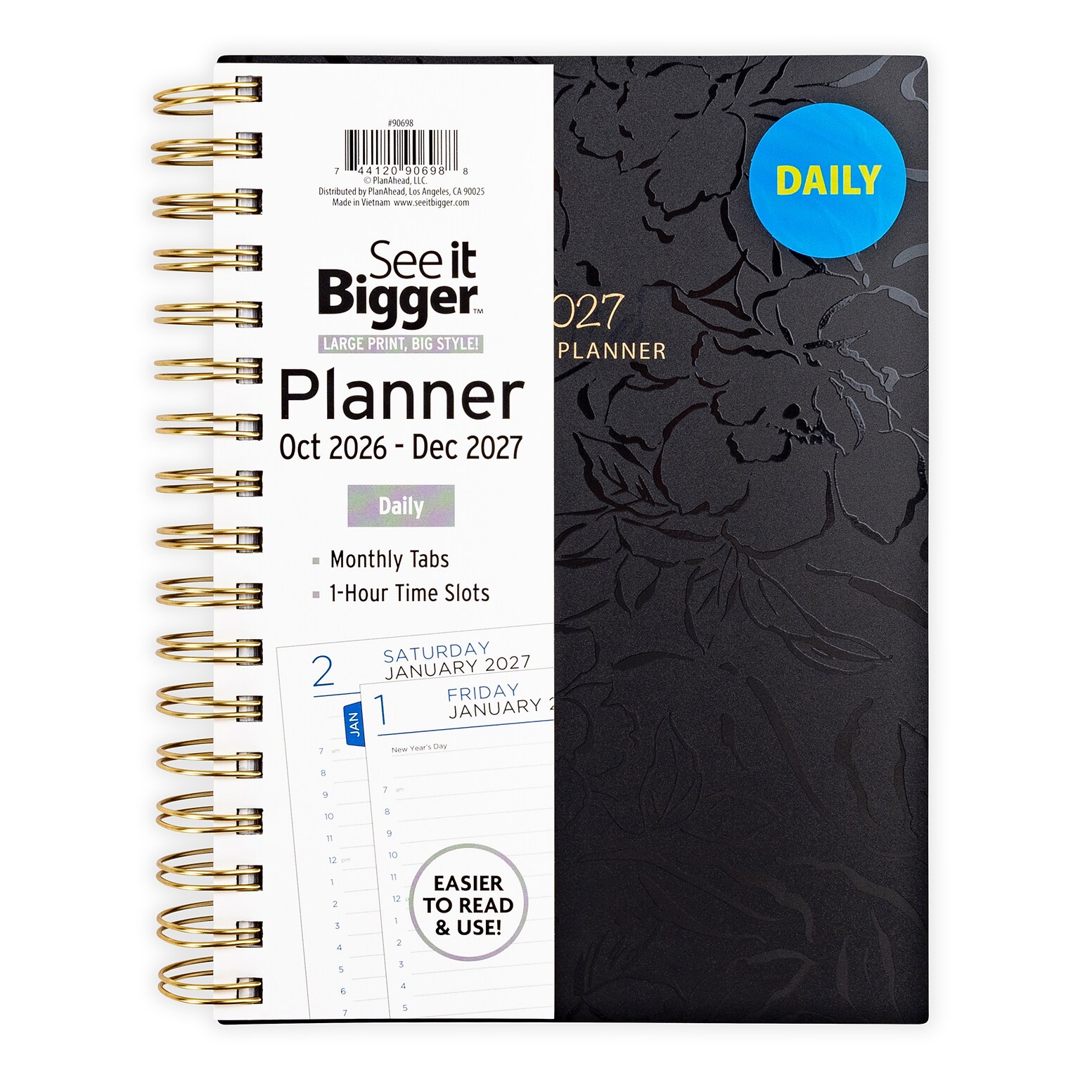 2026-2027 Overland Travelware 1.25 x 7 Calendar Year Daily Standard Planner, Paperboard Cover, Black Floral (90698)