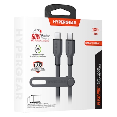 HyperGear Flexi Pro USB-C to USB-C Soft-Touch Silicone Fast Charge and Sync Cable, 10 ft., Gray (15994)
