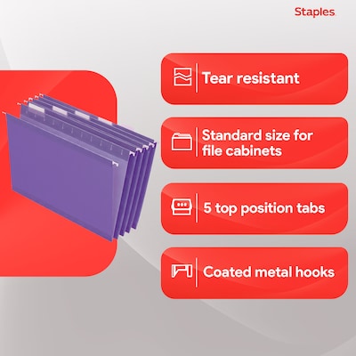 Staples Hanging File Folders, 1/5-Cut Tab, Letter Size, Purple, 25/Box (ST419200-CC)