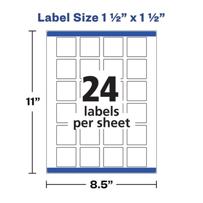 Avery Print-to-the-Edge Laser/Inkjet Square Labels, 1 1/2" x 1 1/2", White, 600 Labels/Pack (22805)