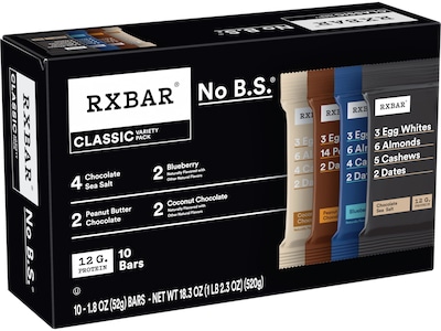 RXBAR Classic Gluten Free Protein Bars Variety Pack, 1.8 oz., 10 Bars/Box (85916200725)