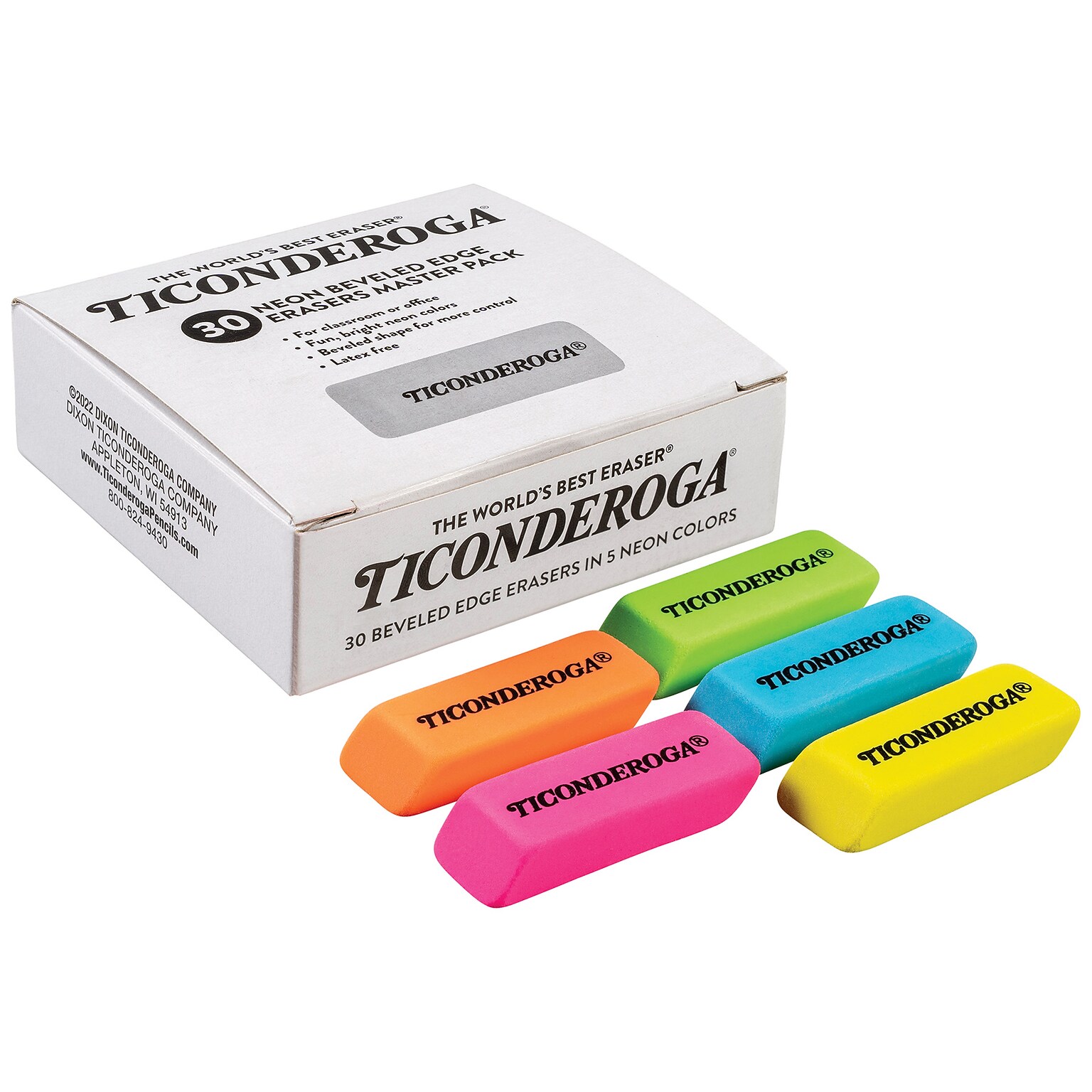 Ticonderoga Neon Wedge Eraser, Assorted Colors, 30/Pack (DIX38930)