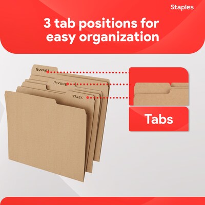 Staples File Folders, 1/3-Cut Tab, Letter Size, Kraft, 100/Box (ST509315-CC)