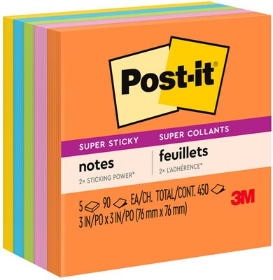 Post-it Super Sticky Notes, 3 x 3, Energy Boost Collection, 90 Sheet/Pad, 5 Pads/Pack (654-5SSUC)