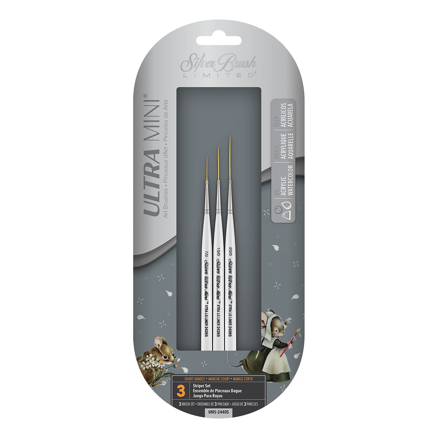 Silver Brush Mixed Media Synthetic Bristle, Ultra Mini Striper Brushes, 3/Set (SLVUMS2440S)