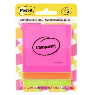 Post-it Transparent Sticky Notes, 2.8 x 2.8, Assorted Colors, 36 Sheets/Pad, 3 Pads/Pack (600-3COL