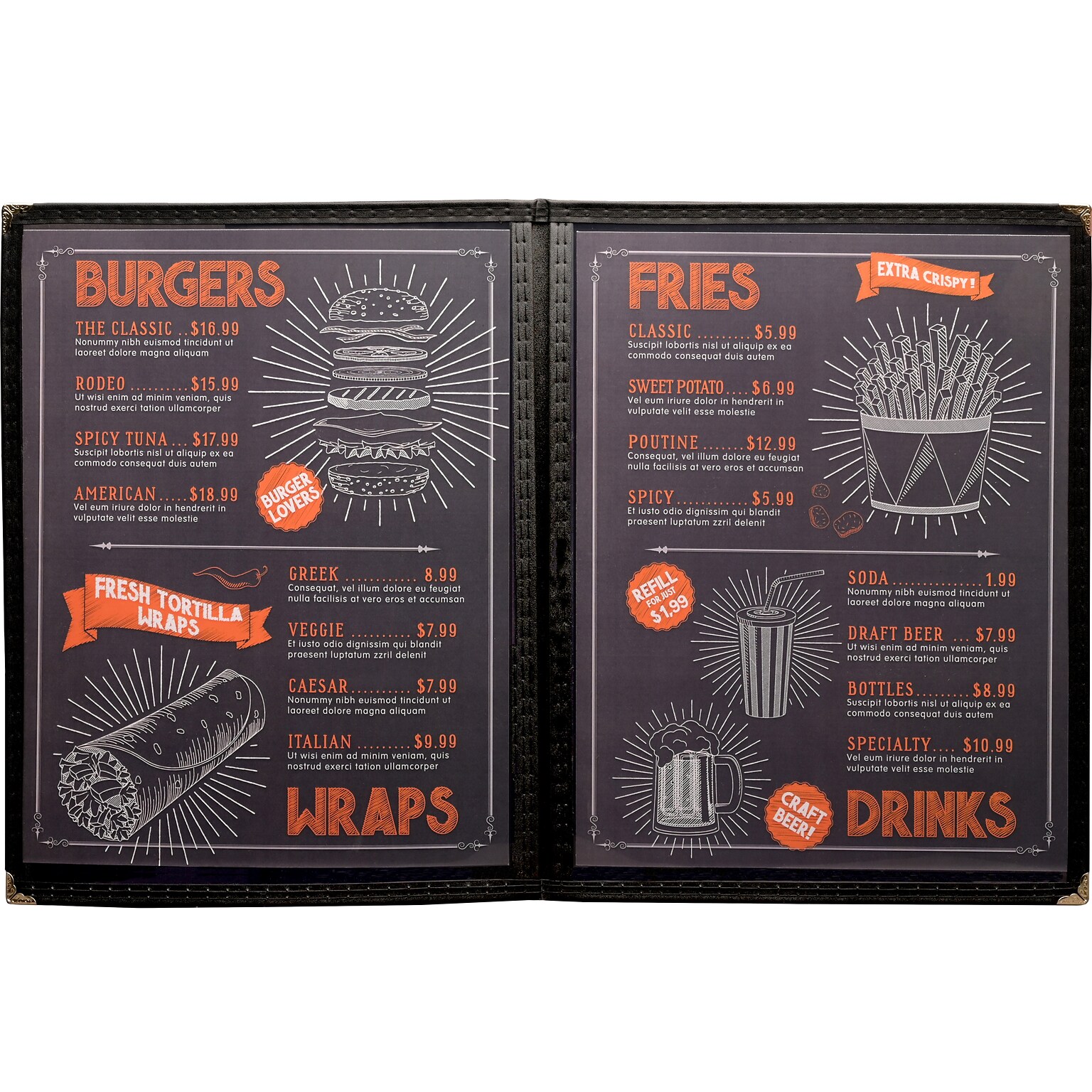 Excello Global Products Menu Holders, 8.5 x 11, Black/Silver, 10/Pack (SPLS-MENU-4)