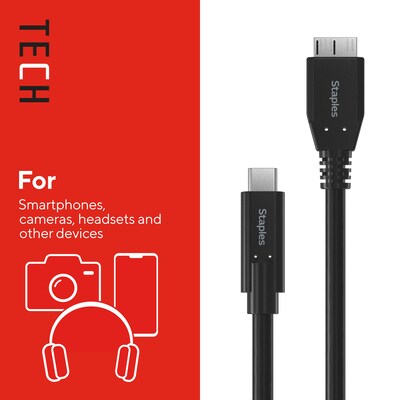 Staples TECH 3.3 ft. USB-C to Micro USB Type-B Audio/Video Cable, Male to Male, Black (ST62445)