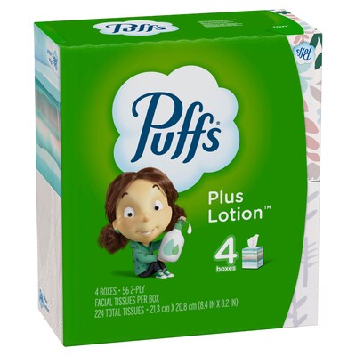 Puffs Plus Lotion Facial Tissue, 2-ply, 56 Tissues/Box, 4 Boxes/Pack (34899)
