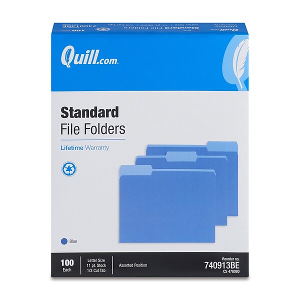 Quill Brand® File Folders, Assorted Tabs, 1/3-Cut, Letter Size, Blue, 100/Box (740913BE)