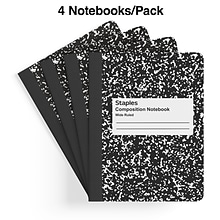 Staples® Composition Notebooks, 7.5 x 9.75, Wide Ruled, 100 Sheets, Black/White Marble, 4/Pack (ST