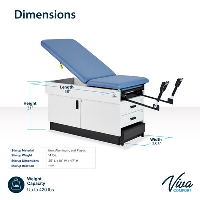 Viva Comfort Slimline Exam Table Base with Leg Rest, Step Stool, Drawers, Stirrups, 420 lbs Capacity, Blue (ADI996-FBSU-M2-BLU)