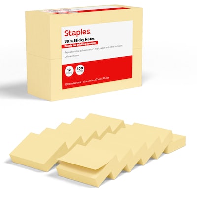 Staples Ultra Sticky Notes, Sunshine Collection, 100 Sheets/Pad, 12 Pads/Pack (ST62879)