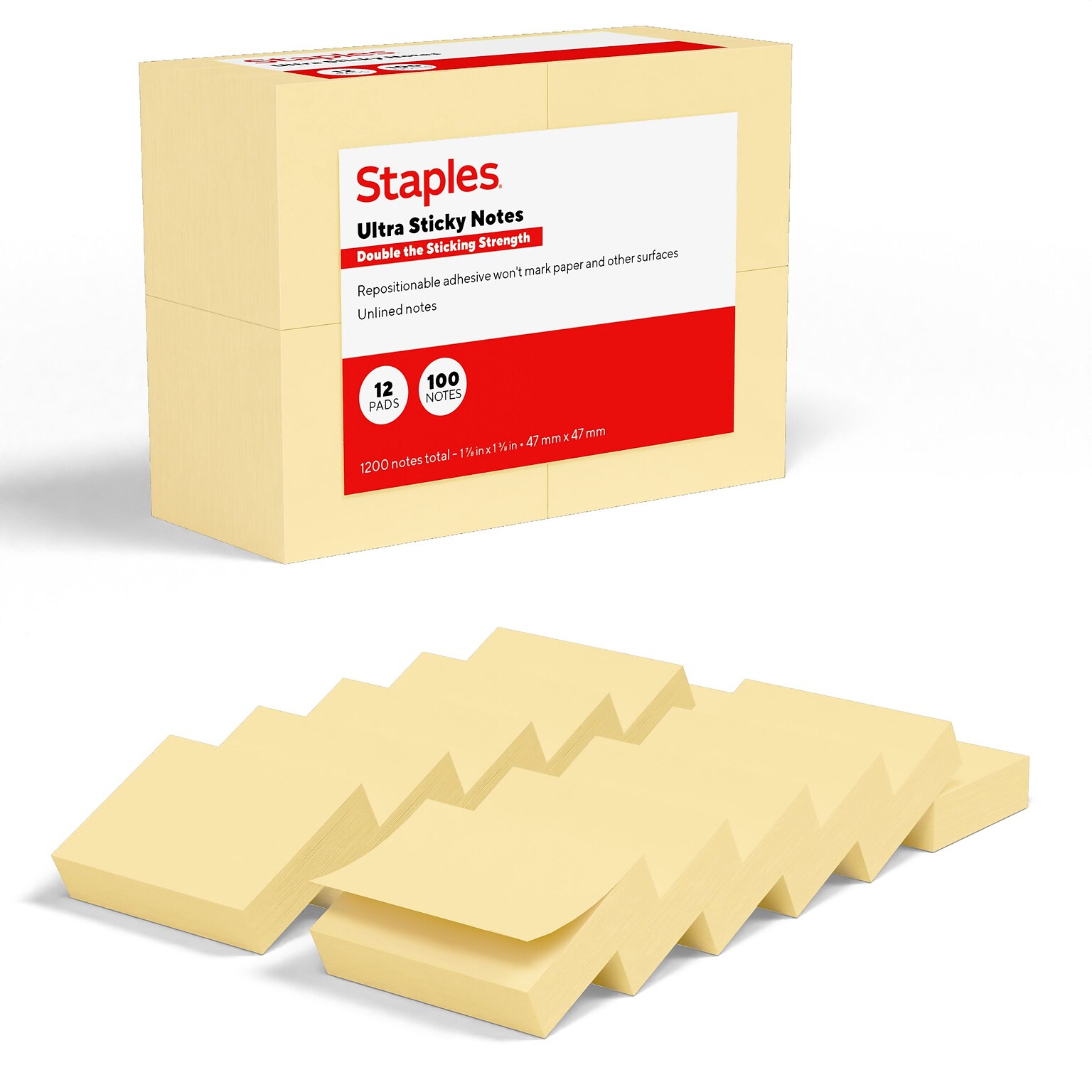Staples Ultra Sticky Notes, Sunshine Collection, 100 Sheets/Pad, 12 Pads/Pack (ST62879)