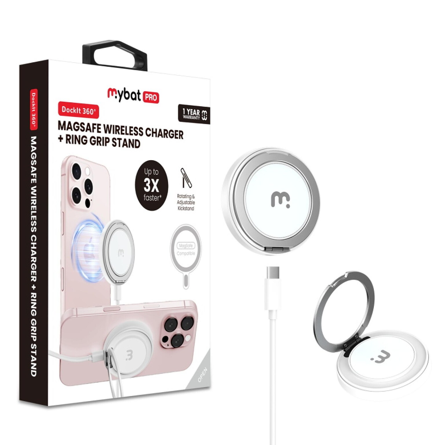 MyBat 360° Wireless Charger Ring Grip Stand 15W Fast Charging, Stand and Grip