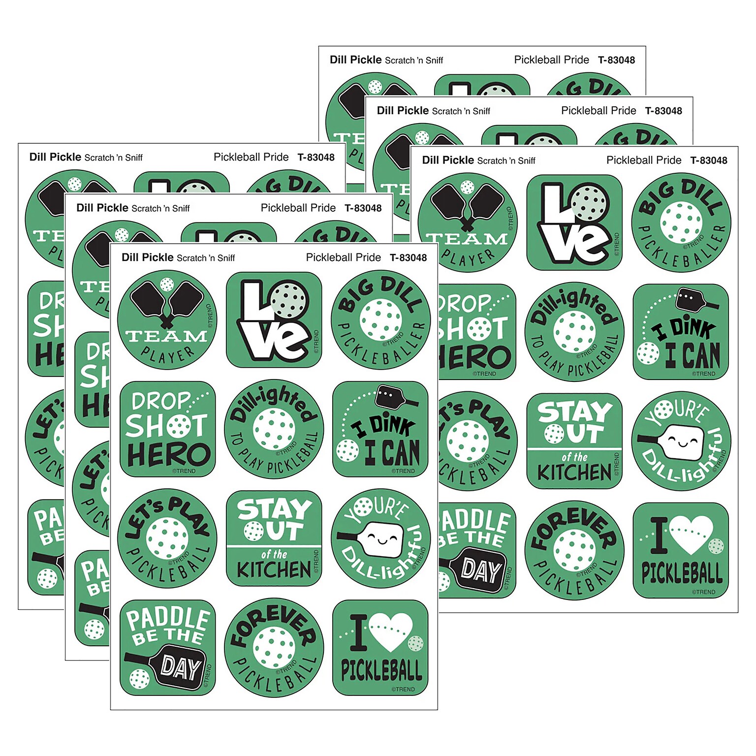 Trend Enterprises Pickleball DILL-ight Dill Pickle Scent Scratch n Sniff Stinky Stickers, Green, 48/Pack, 6/Packs/Bundle