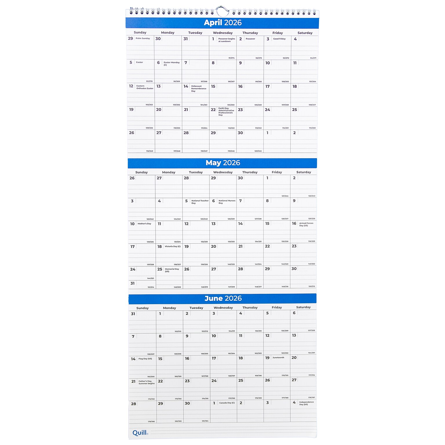 2026 Quill Brand® 27 x 12 Vertical Wall Calendar, Blue (63006-26-QCC)