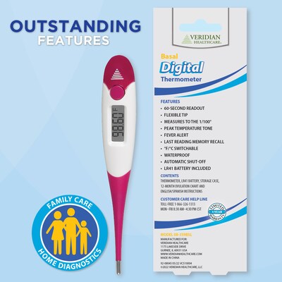 Veridian Healthcare Basal Digital Oral Thermometer, Pink (08-359BSL)