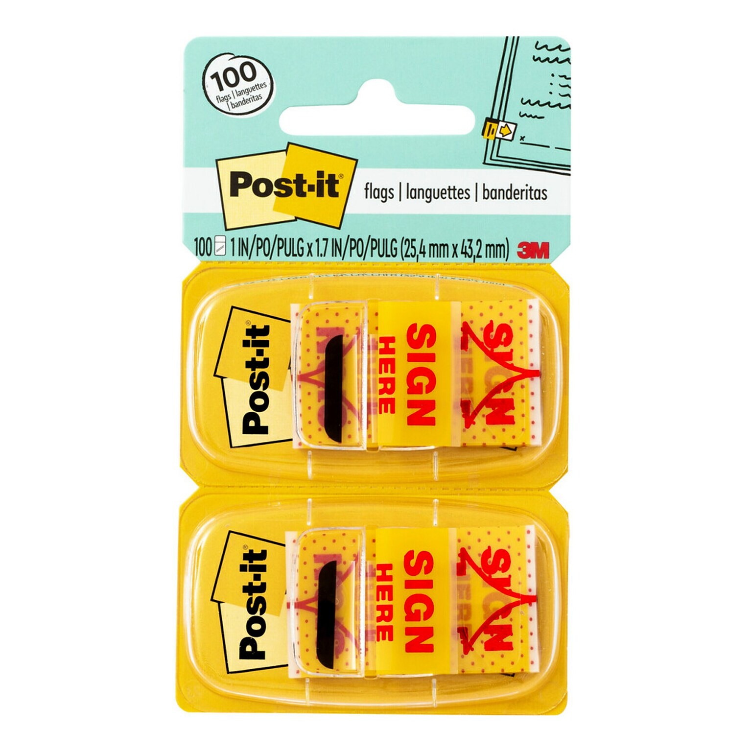 Post-it Sign Here Message Flags, 1 Wide, Yellow, 100 Flags/Pack (680-SH2)