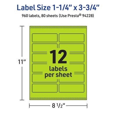 Avery Rectangle Multipurpose Labels, 1.25" x 3.75", Bright Green, 960/Box (94228)